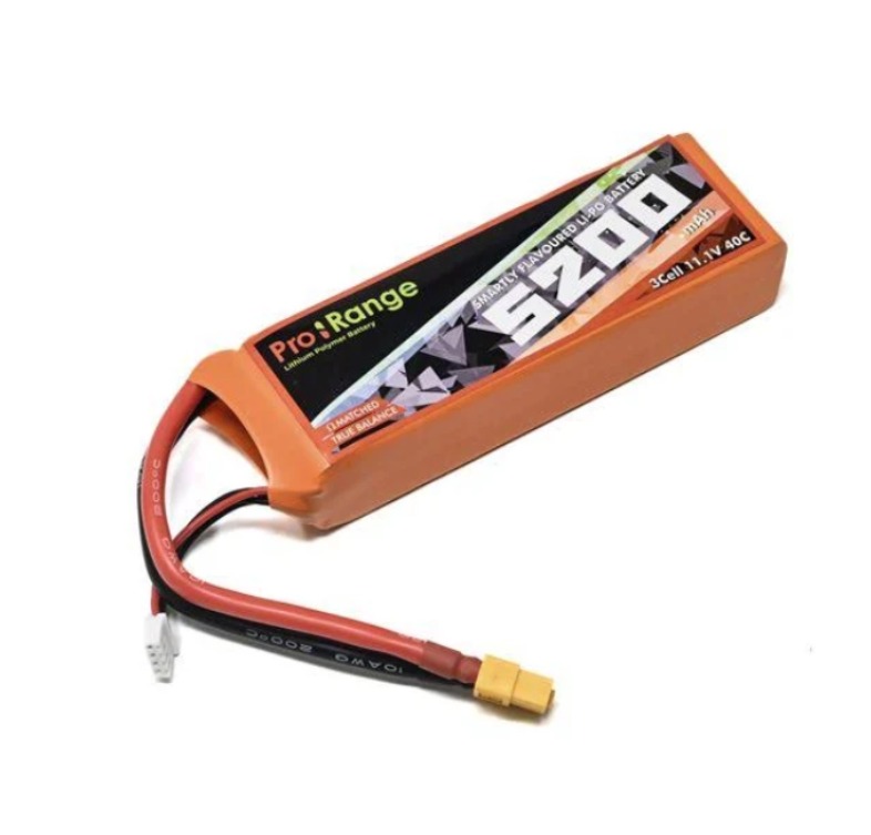 Pro-Range 5200 mAh 3S 11.1 V 40C LiPo battery with red-and-black leads and XT60-style balance connector — main power source for the RoboSumo robot.