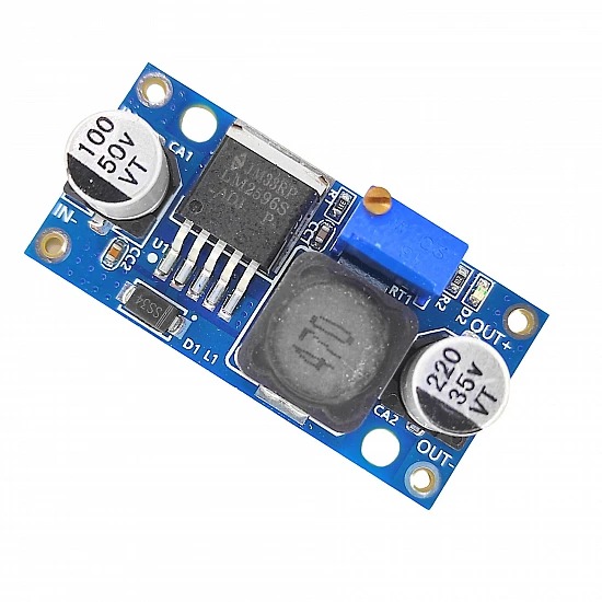 LM2596 DC-DC step-down module with input and output capacitors and trim-pot, used to step 11.1 V LiPo down to 5 V for the ESP32.